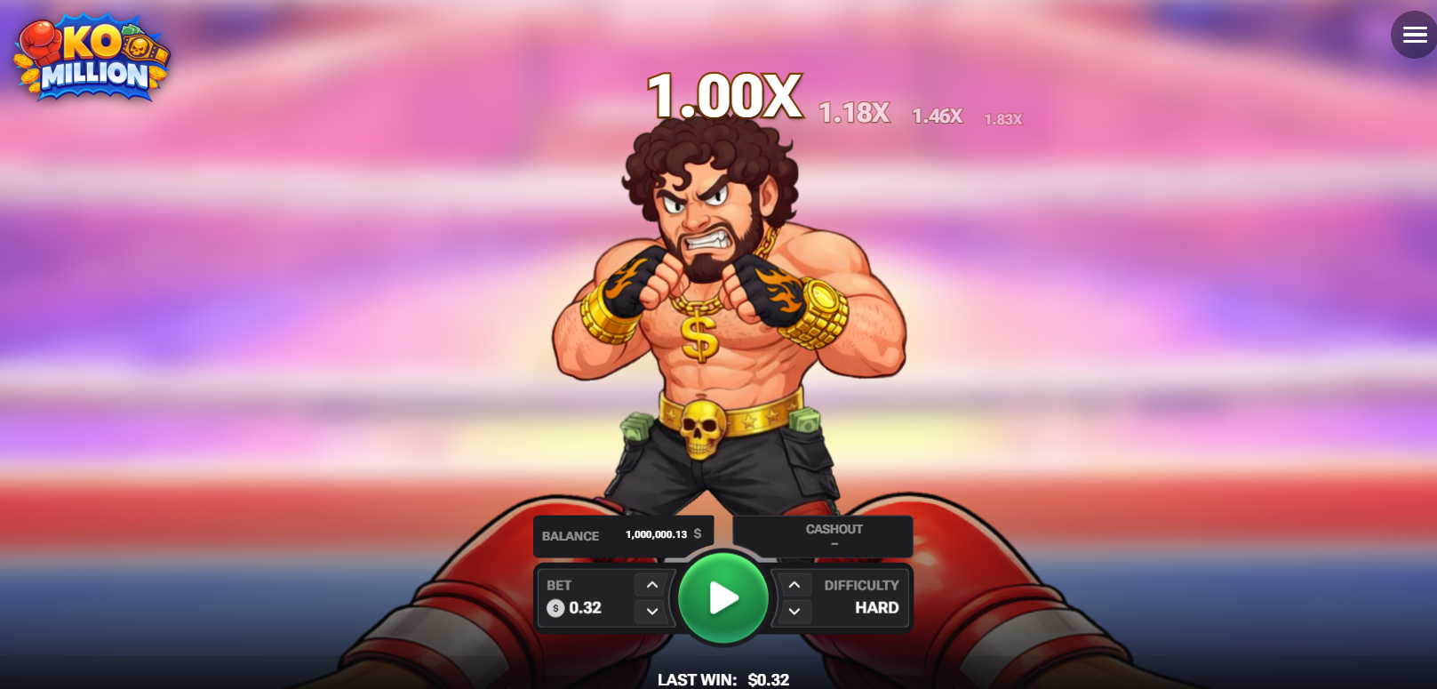 KO Million opinión, demo, casino, juego y bono: boxeador sobre el ring con el multiplicador visible