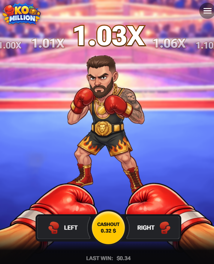 KO Million juego de azar, registro, código promocional y demo: botones Left, Right y Cashout en el móvil