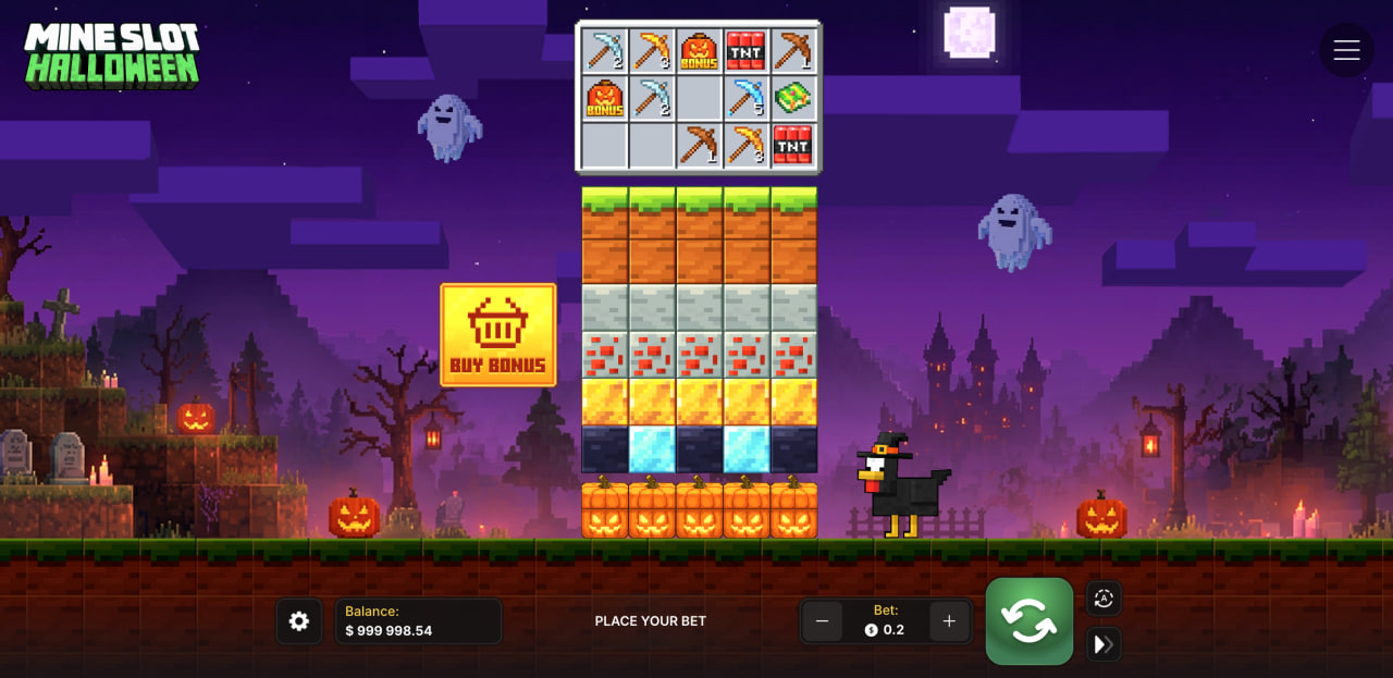 Mine Slot Halloween opinión, demo, casino, juego y bono en la pantalla principal con columnas de bloques y herramientas