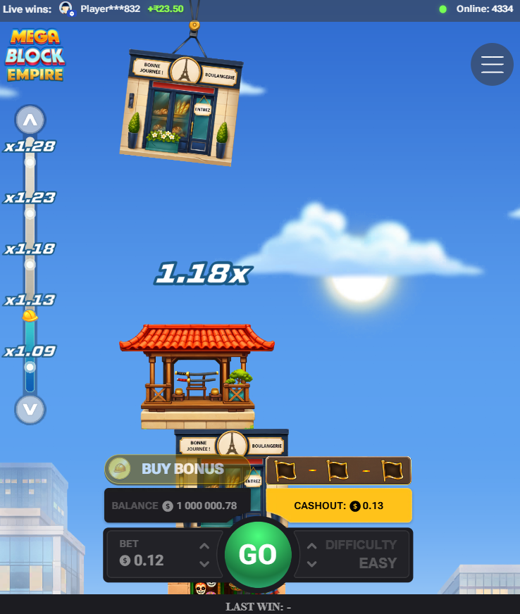 MegaBlock Empire juego de azar, registro, código promocional y demo: torre de bloques en vista vertical del móvil