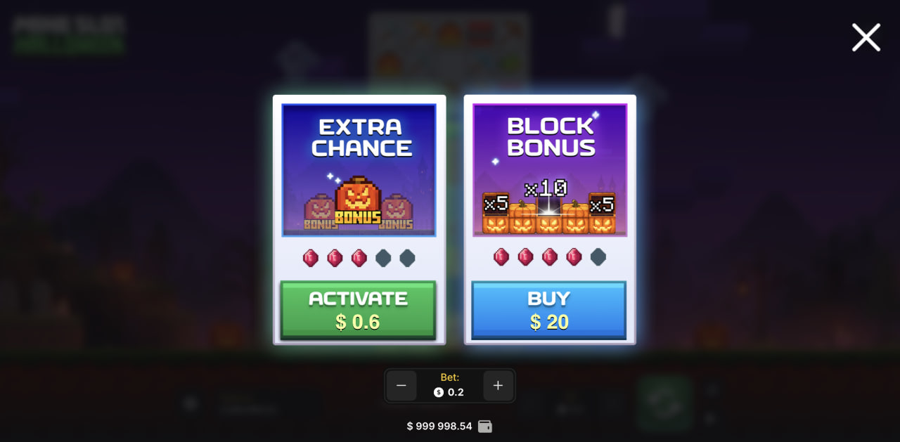 Mine Slot Halloween estafa, app, dinero real y gratis: ventana de Extra Chance y Block Bonus en ordenador