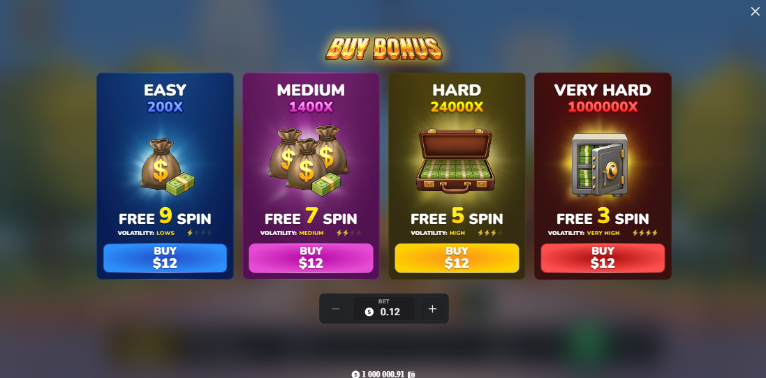 MegaBlock Empire estafa, app, dinero real y gratis: ventana de Bonus Buy con cuatro opciones de Free Spins