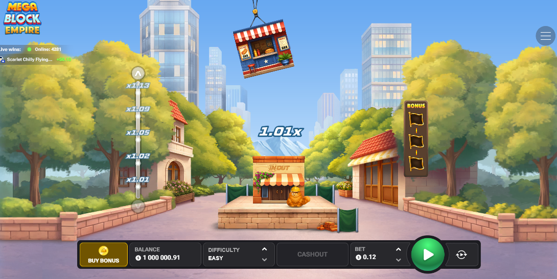 MegaBlock Empire opinión, demo, casino, juego y bono: grúa soltando bloques con el multiplicador en pantalla