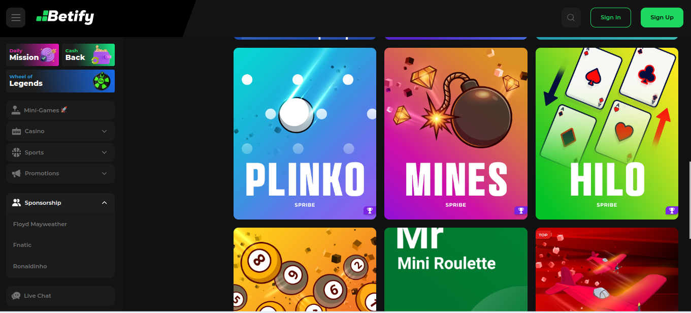 Minijuegos de Betify Plinko Mines Hilo en el casino, juego rápido con bono