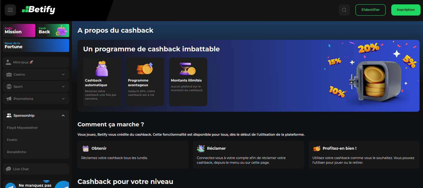 Página del cashback semanal de Betify, promoción del casino con bono