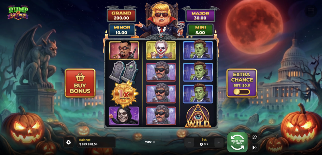 Rump And Halloween opinión, demo, casino, juego y bono: cuadrícula con cuatro jackpots y botón Buy Bonus