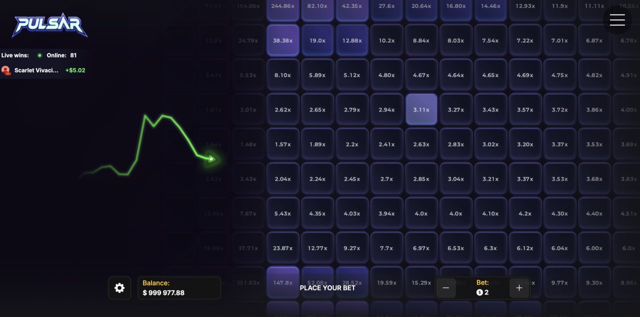 Pulsar demo gratis: cuadrícula del juego con coeficientes en el casino, bono
